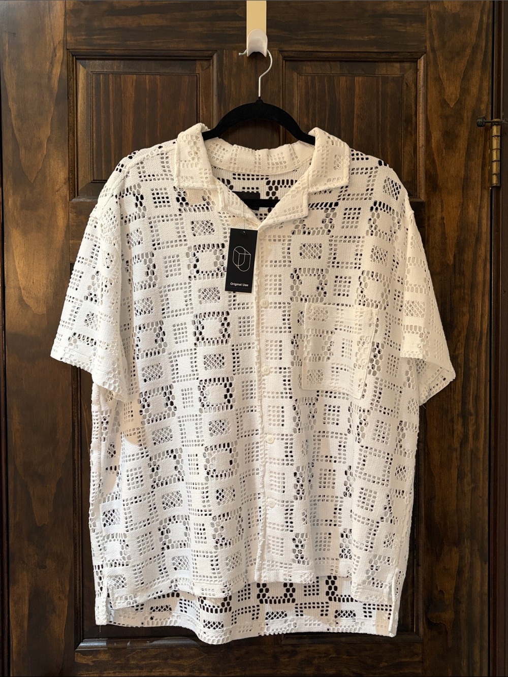 Original Use White Crochet Short-Sleeve Button-Down Shirt